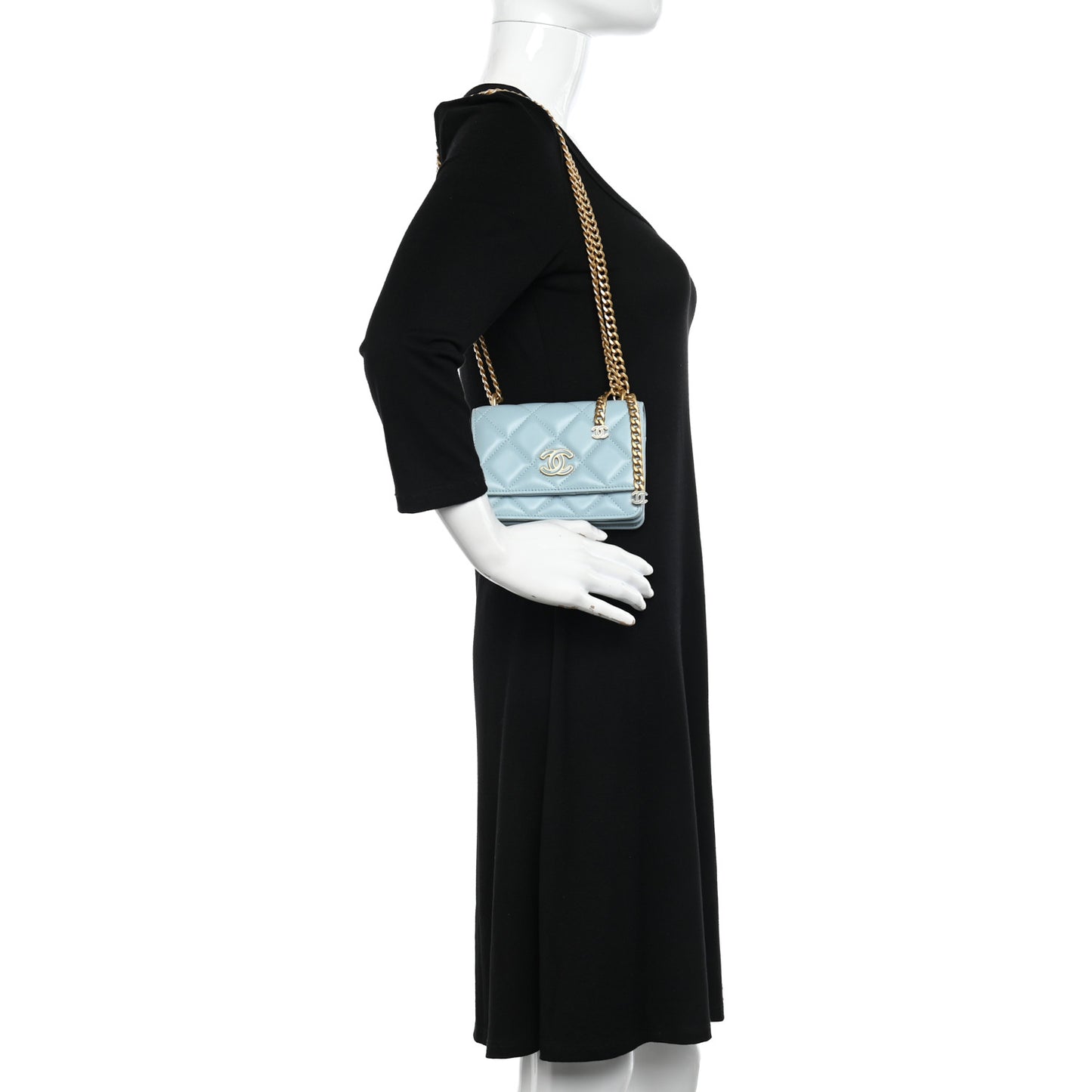 Lambskin Enamel Quilted Pending CC Clutch With Chain Light Blue