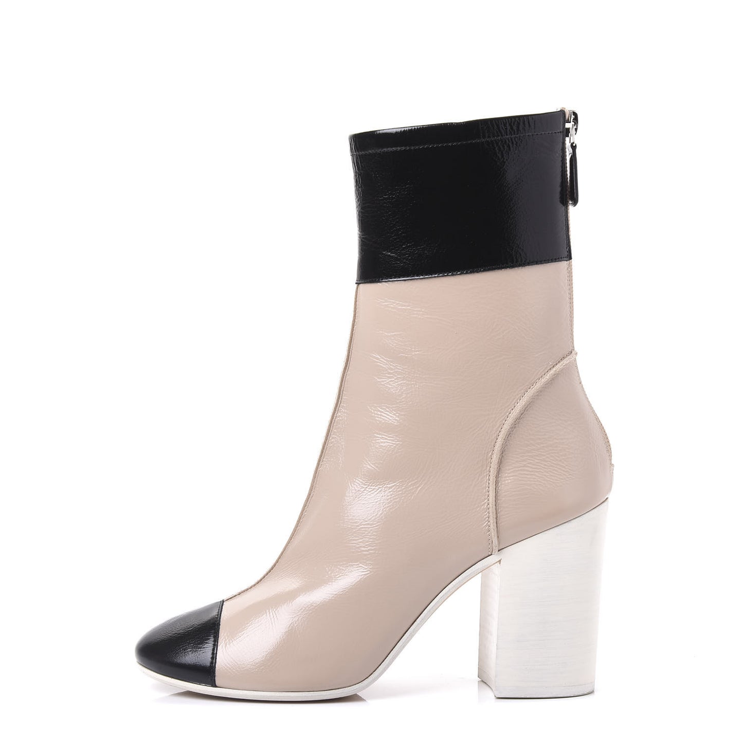 Glazed Calfskin CC Cap Toe Short Boots 38 Beige Black