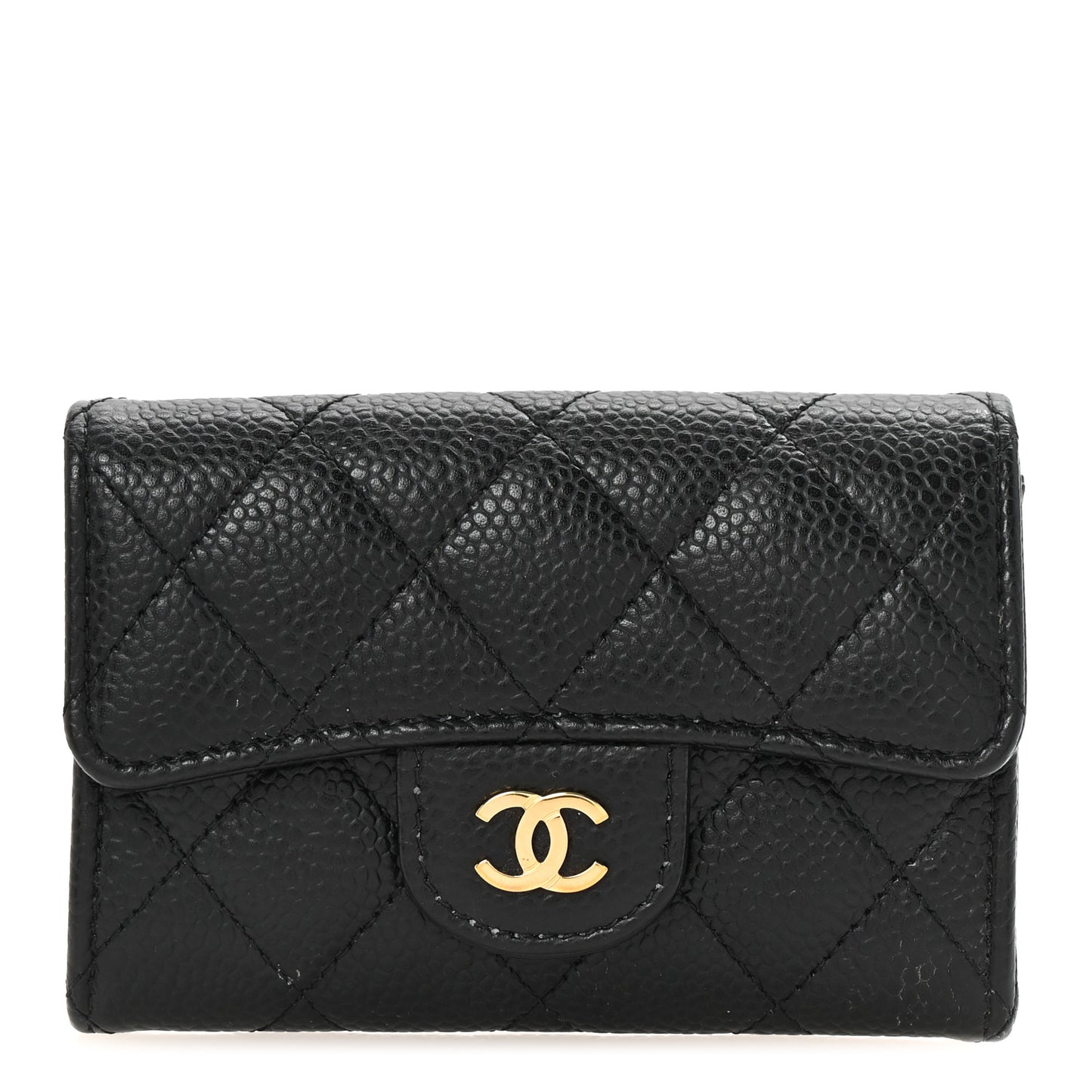 Caviar Quilted Flap Card Holder Wallet Black