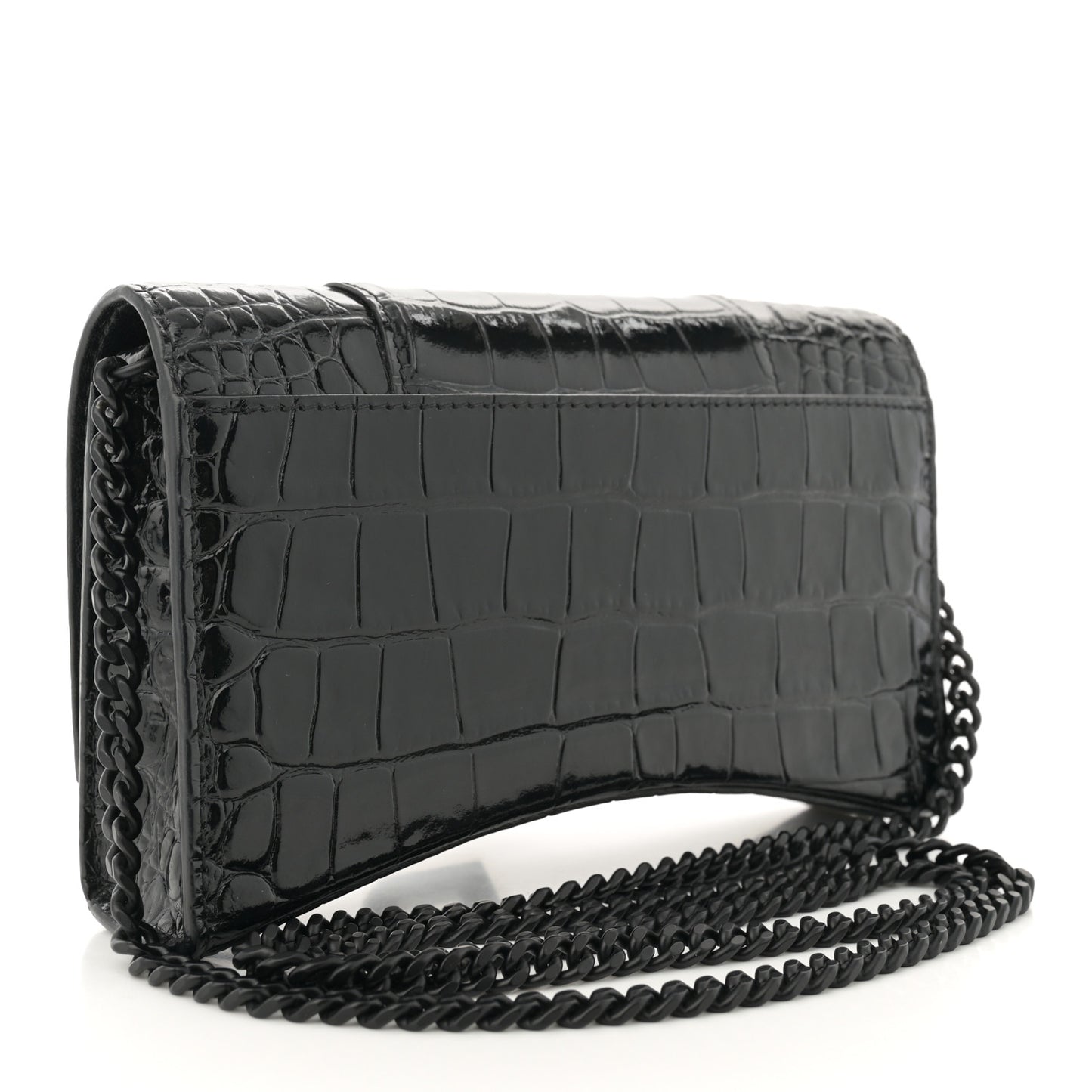 Shiny Calfskin Strass Monochrome Crocodile Embossed Hourglass Chain Bag Black