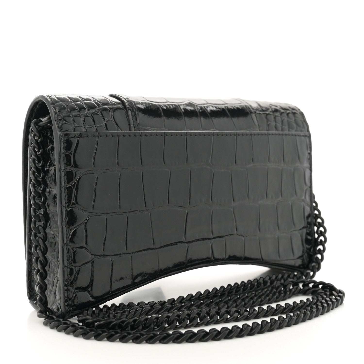 Balenciaga Shiny Calfskin Strass Monochrome Crocodile Embossed Hourglass Chain Bag Black 3 of 9