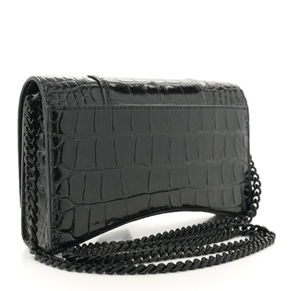 Balenciaga Shiny Calfskin Strass Monochrome Crocodile Embossed Hourglass Chain Bag Black 3 of 9