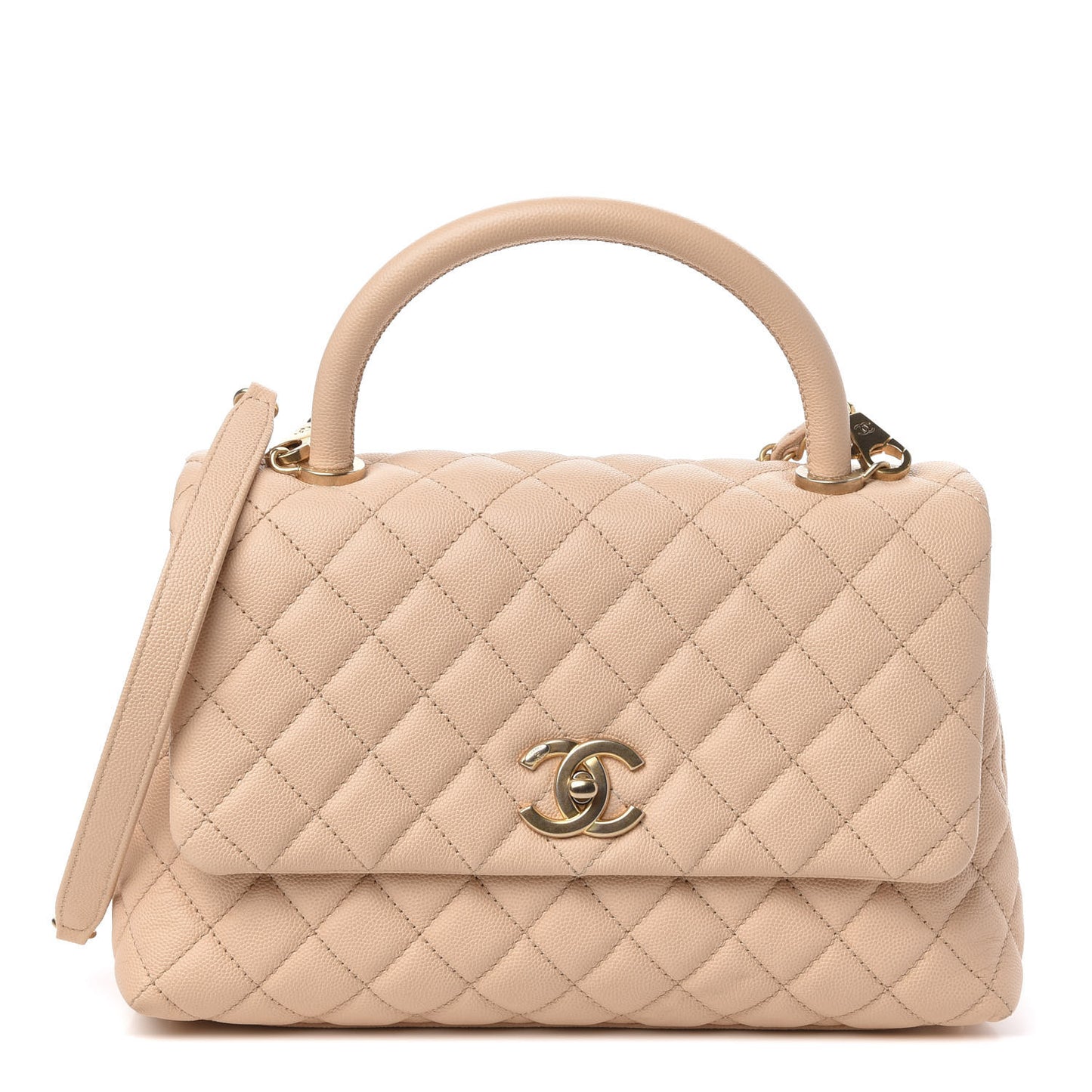Caviar Quilted Small Coco Handle Flap Beige