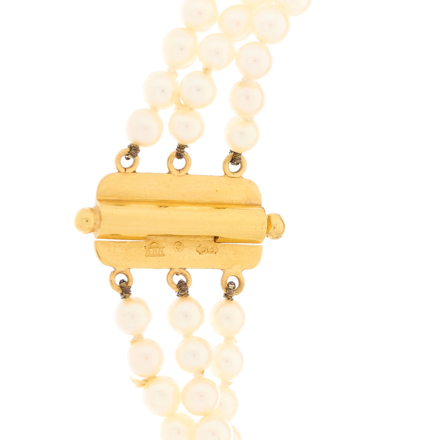 22K Yellow Gold Pearl Green Tourmaline 3 Strand Choker Necklace