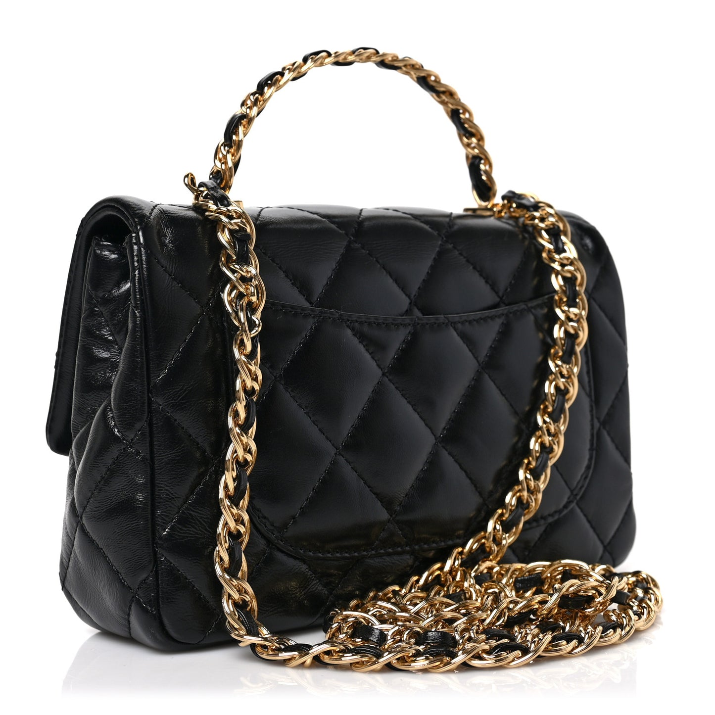 Shiny Lambskin Quilted Golden Links Top Handle Flap Black