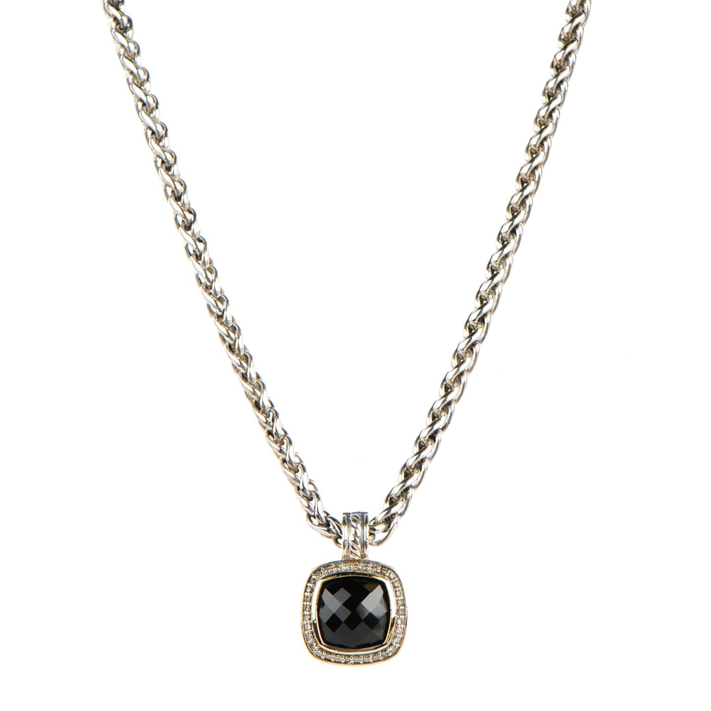 Sterling Silver 18K Yellow Gold Black Onyx Pave Diamond 7mm Petite Albion Wheat Chain Necklace