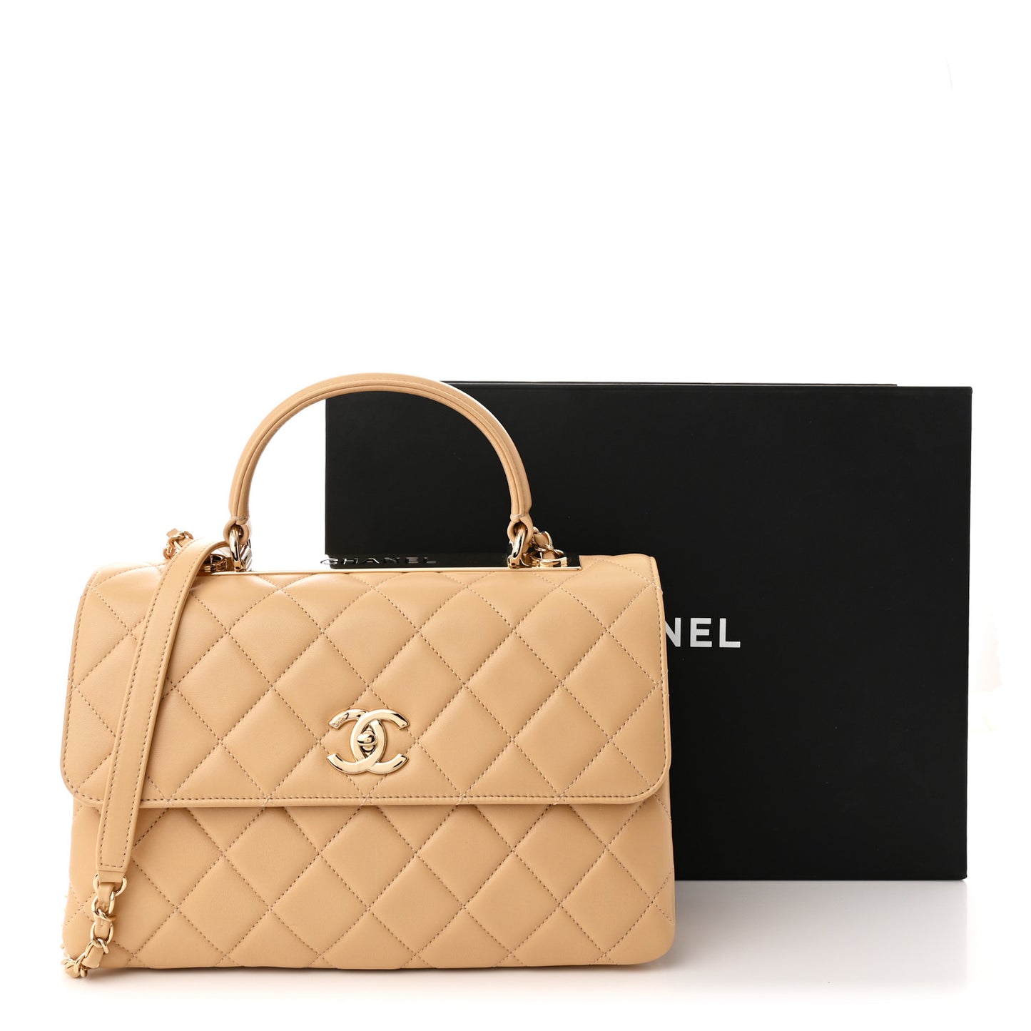 Lambskin Quilted Medium Trendy CC Flap Dual Handle Bag Beige