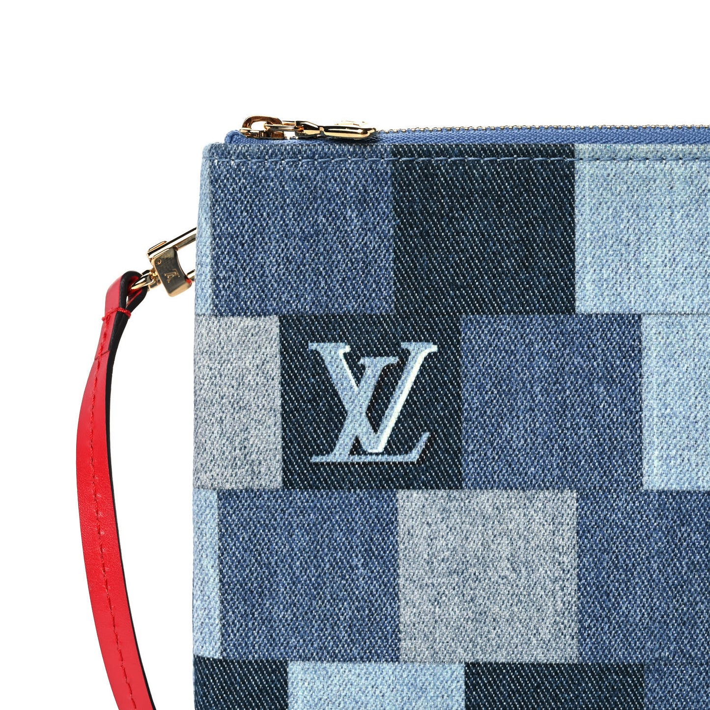 Denim Damier Monogram Patchwork Neverfull MM Pochette Blue Rouge