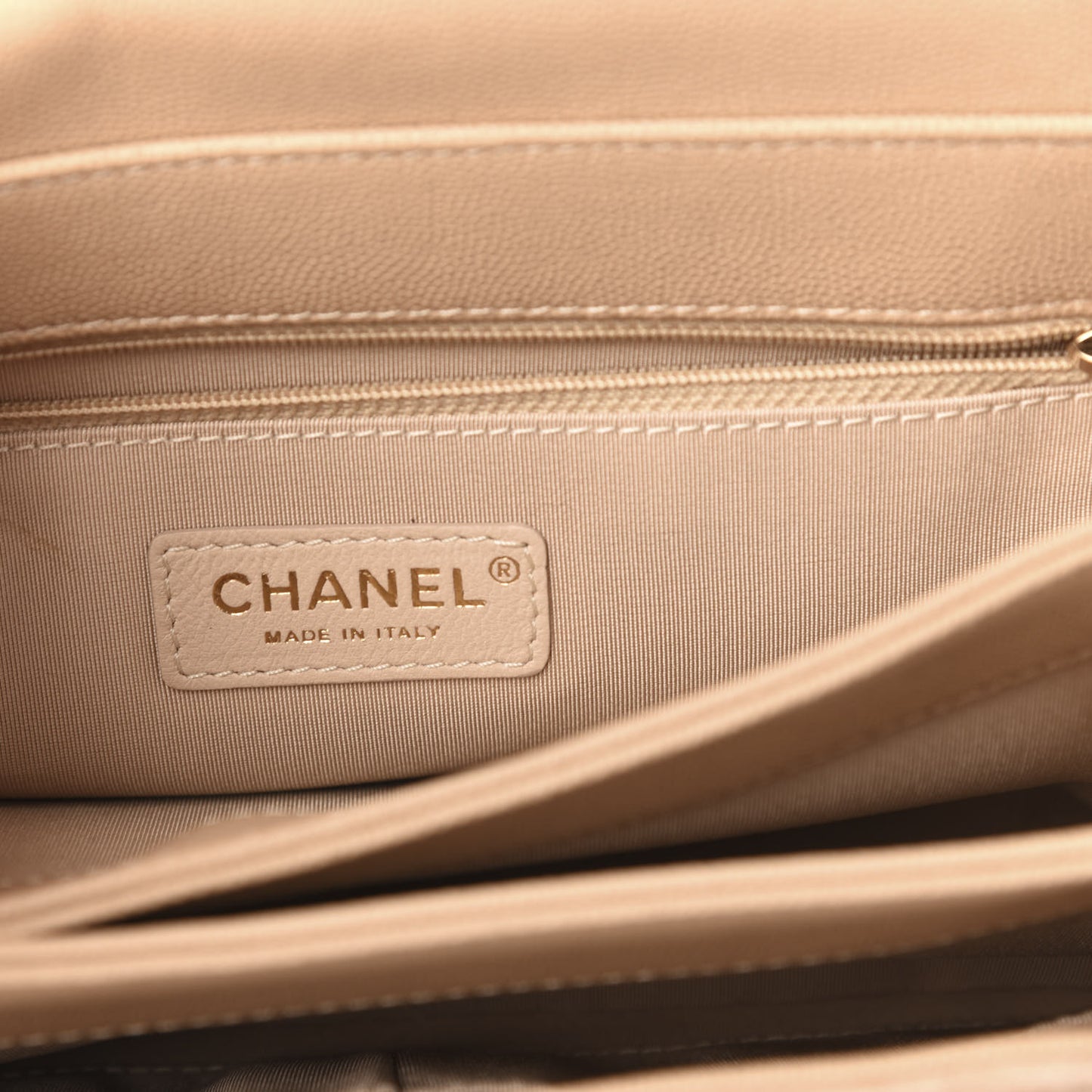 Grained Calfskin Stitched Enamel CC Flap Bag Beige