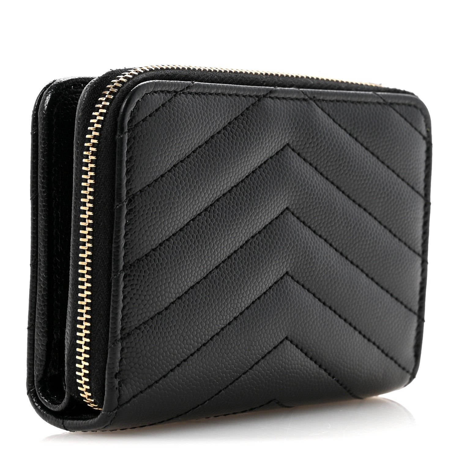 Saint Laurent Grain De Poudre Matelasse Chevron Monogram Compact Zip Around Wallet Black 3 of 9