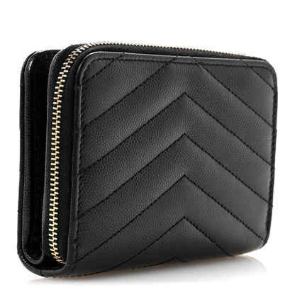 Saint Laurent Grain De Poudre Matelasse Chevron Monogram Compact Zip Around Wallet Black 3 of 9