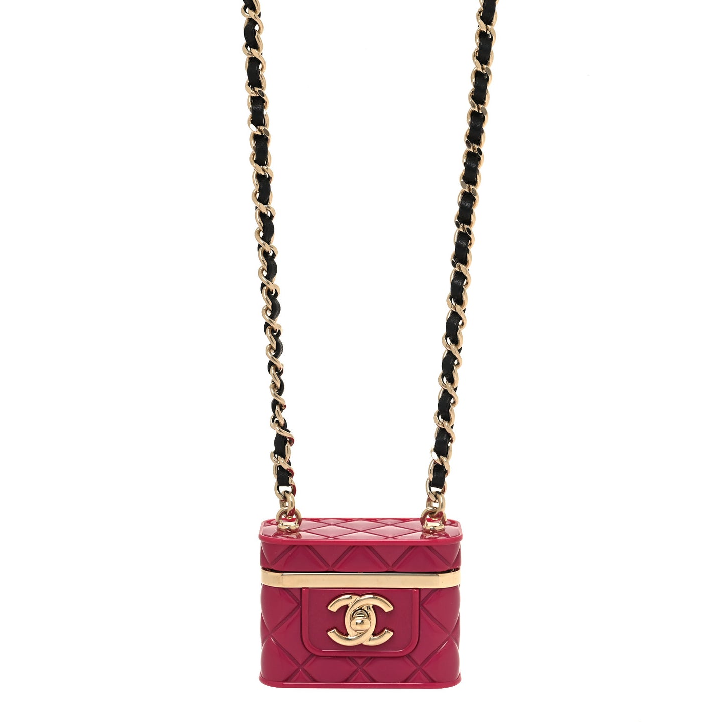Metal Resin Lambskin Flap Bag Necklace Pink Gold Black