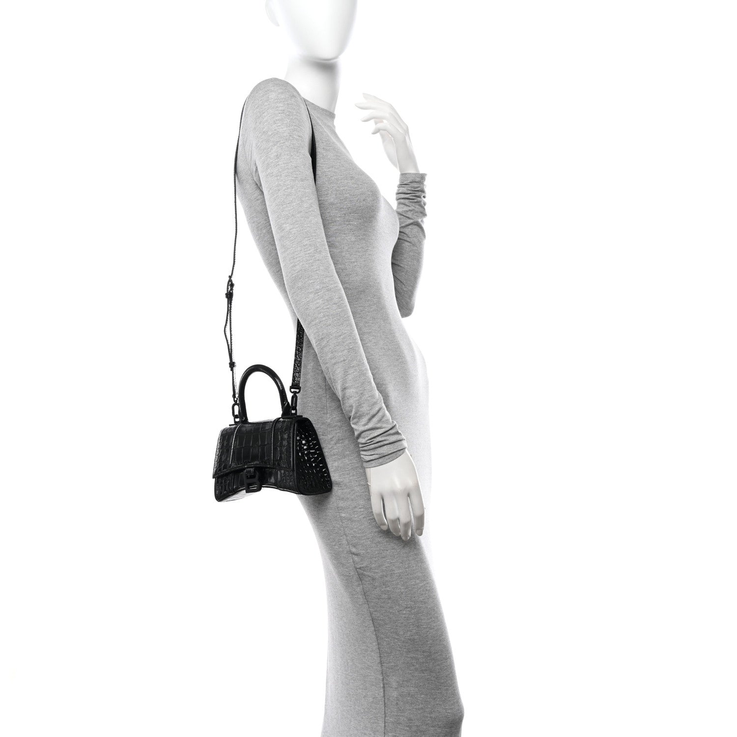 Balenciaga Shiny Calfskin Monochrome Crocodile Embossed Hourglass Top Handle Bag XS Black 2 of 15