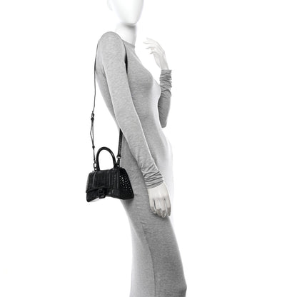 Balenciaga Shiny Calfskin Monochrome Crocodile Embossed Hourglass Top Handle Bag XS Black 2 of 15
