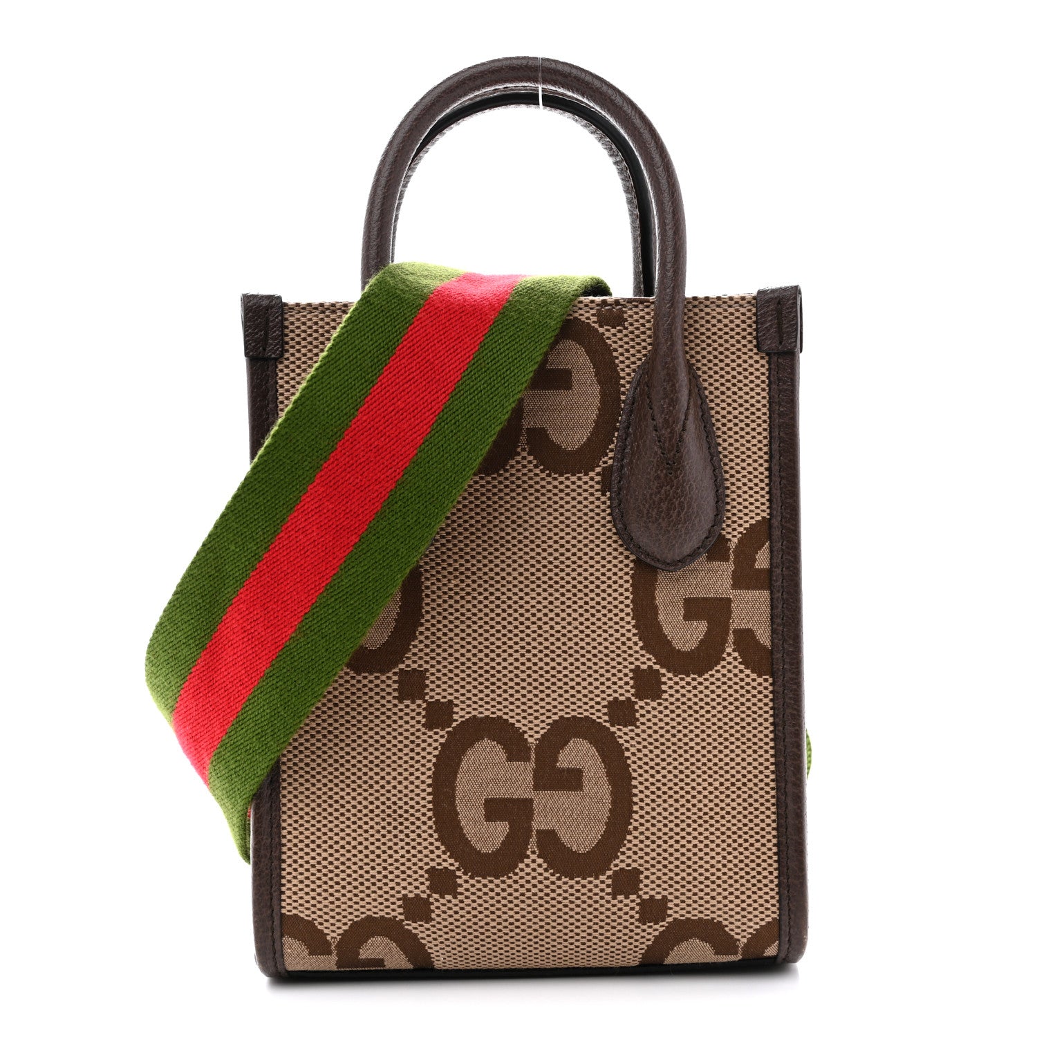 Gucci Monogram Jumbo GG Textured Dollar Calfskin Web Mini Vertical Tote Camel Ebony New Acero Camel Ebony New Acero 1 of 13