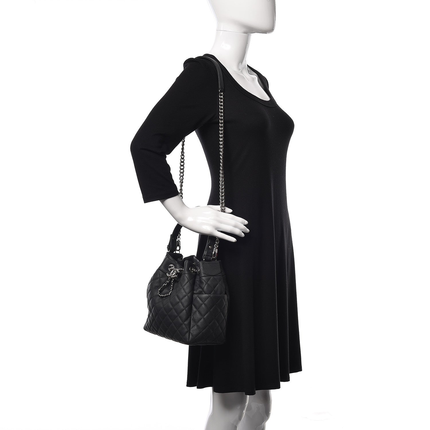 Chanel Caviar Flat Quilted CC Chain Bucket Drawstring Bag Black 2 of 9