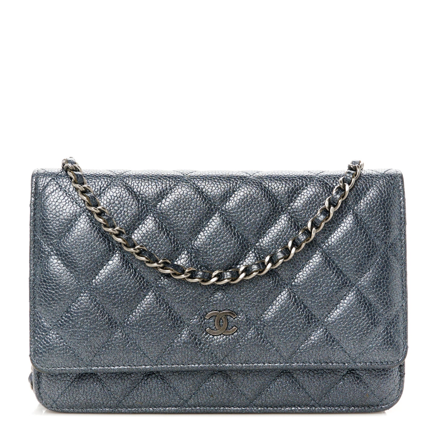 Pearly Caviar Quilted Wallet on Chain WOC Grey