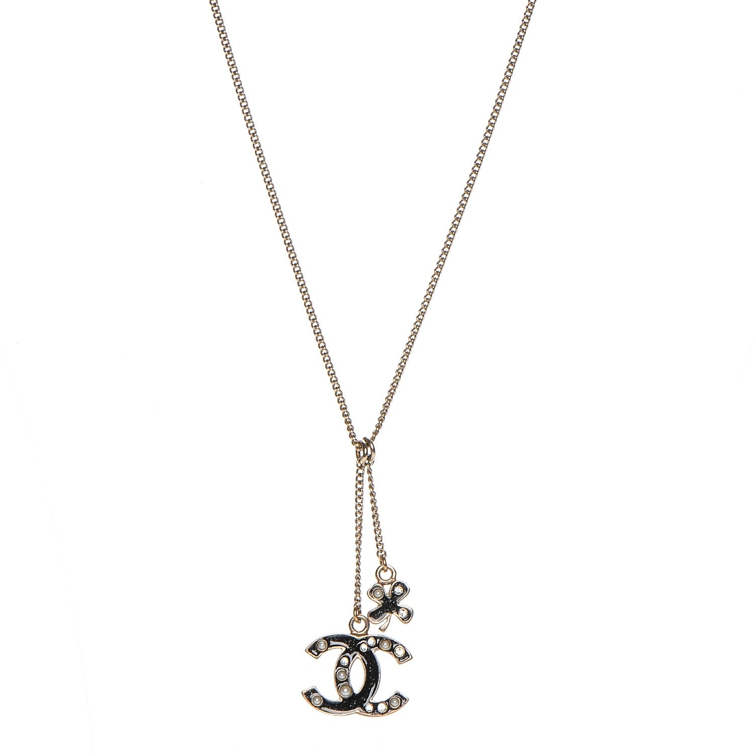 Chanel Enamel Pearl Crystal CC Clover Charm Necklace Black Gold 1 of 6