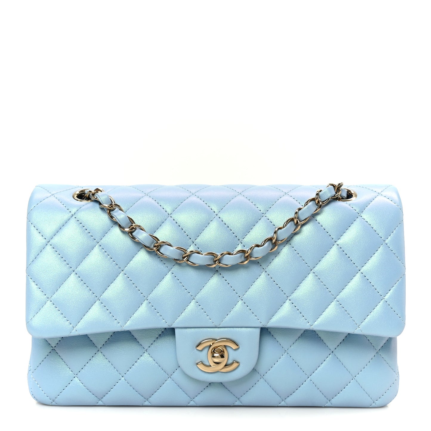 Iridescent Lambskin Quilted Medium Double Flap Light Blue