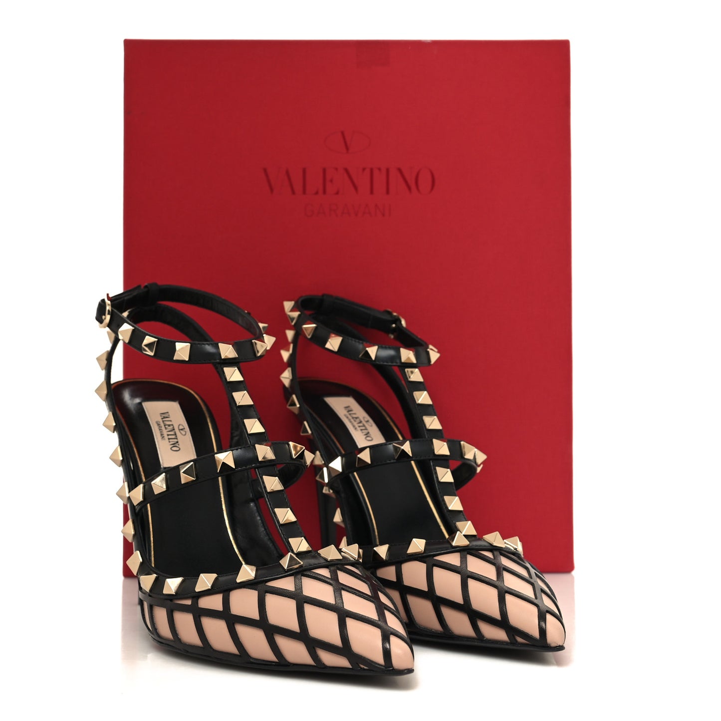 Calfskin Nappa Boudoir Rockstud Ankle Strap 100mm Pumps 39.5 Rose Cannelle Black