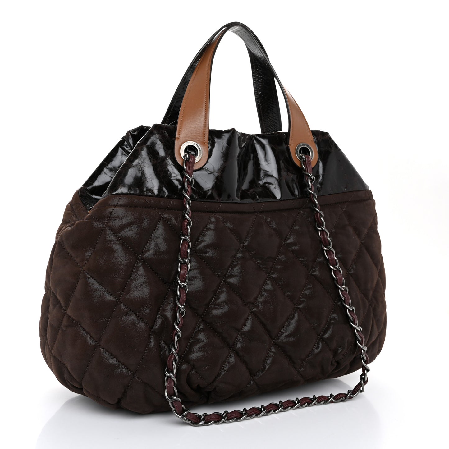 Iridescent Calfskin Quilted Large In The Mix Tote Dark Brown