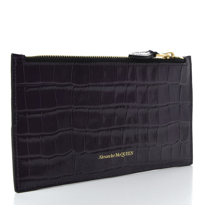 Alexander McQueen Calfskin Crocodile Embossed Skull Zip Wallet Card Holder Black 3 of 7