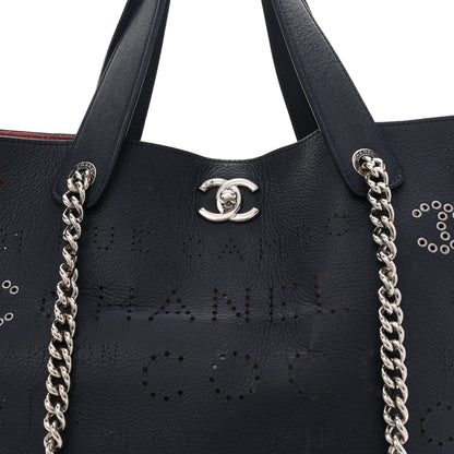 Chanel Calfskin Tweed Small Logo Eyelets Shopping Tote Navy Blue 8 of 12