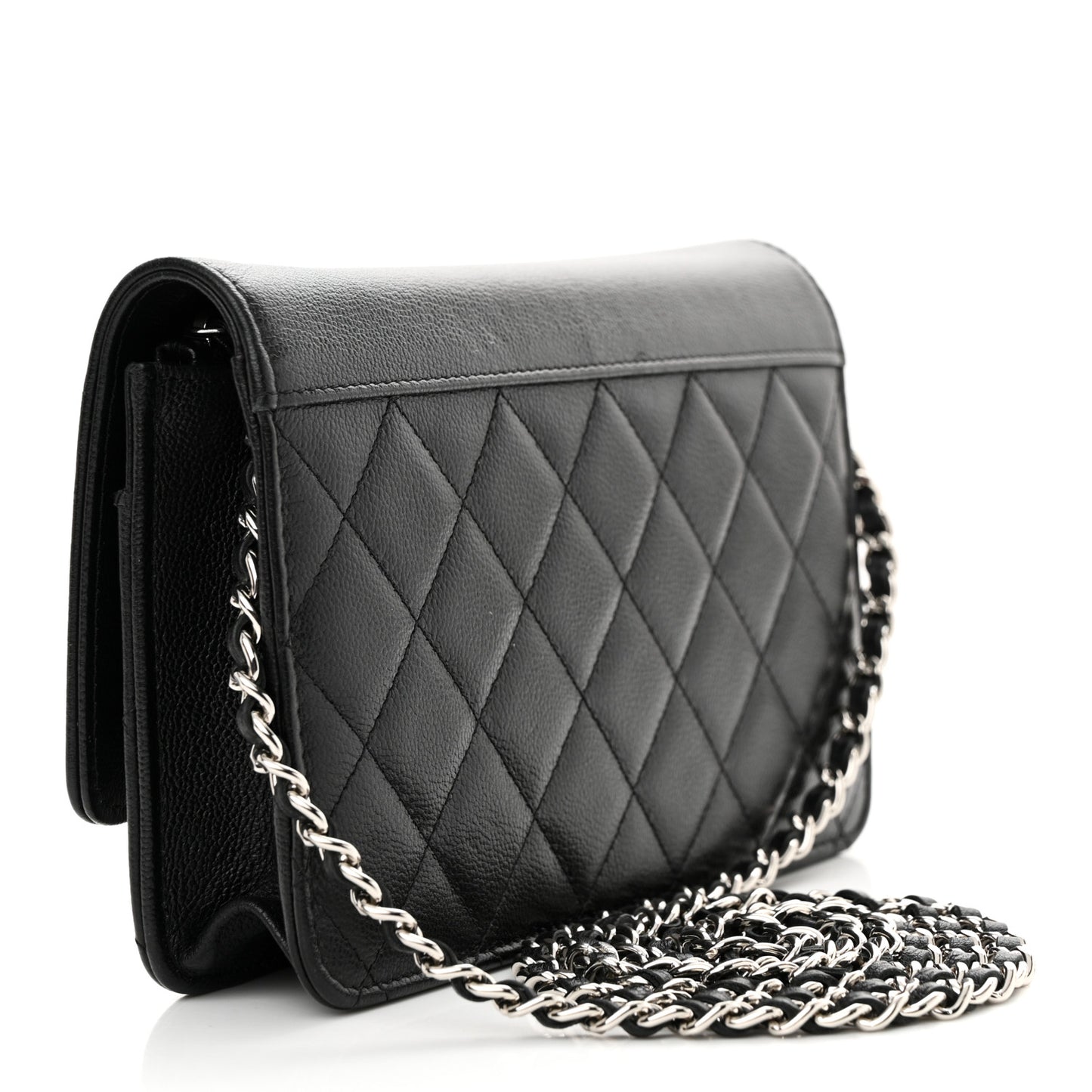 Grained Calfskin Quilted CC Box Wallet On Chain WOC Black