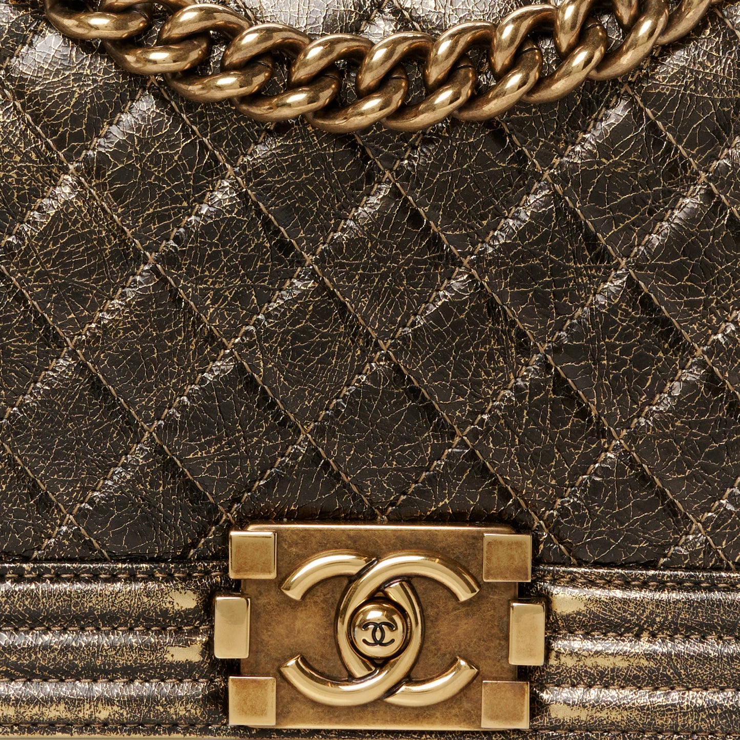 Cracked Metallic Calfskin Quilted Medium Boy Flap Gold