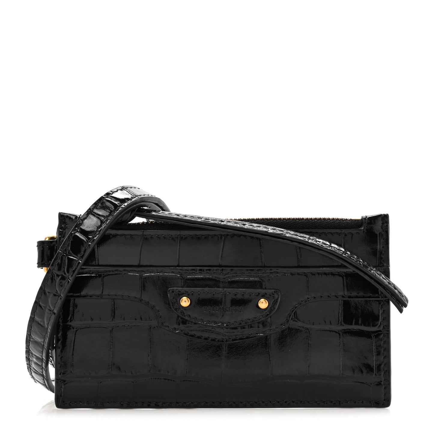 Shiny Calfskin Crocodile Embossed Neo Classic Long Coin Case Card Holder on Strap Black