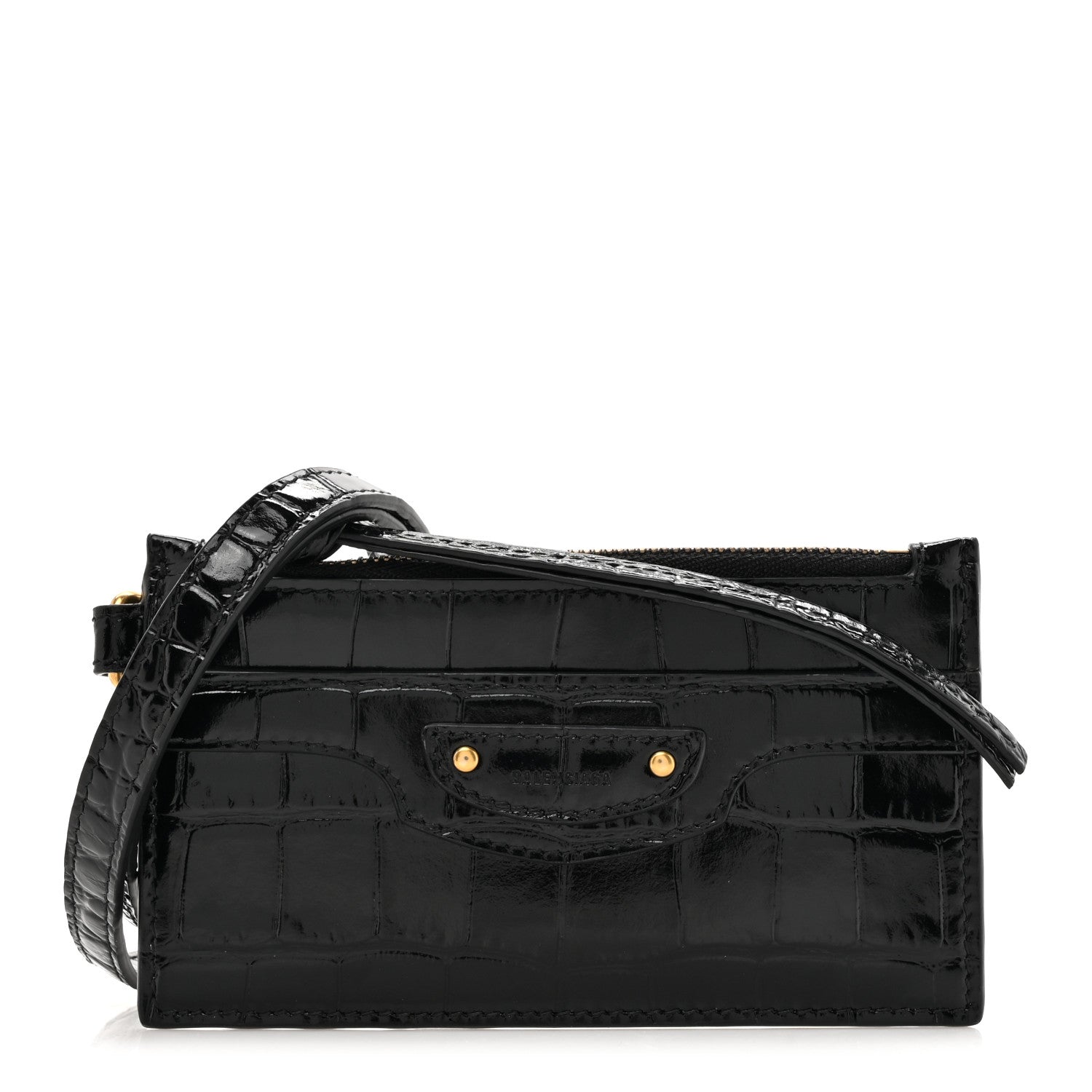 Balenciaga Shiny Calfskin Crocodile Embossed Neo Classic Long Coin Case Card Holder on Strap Black 1 of 9