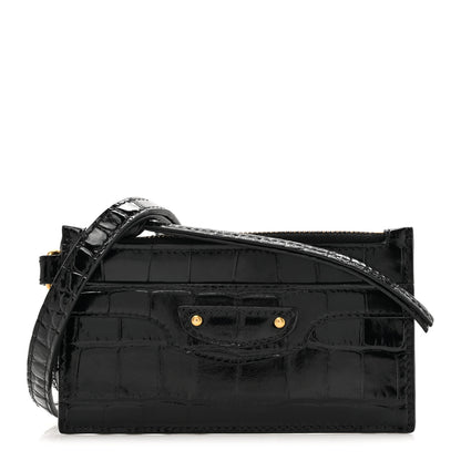 Balenciaga Shiny Calfskin Crocodile Embossed Neo Classic Long Coin Case Card Holder on Strap Black 1 of 9