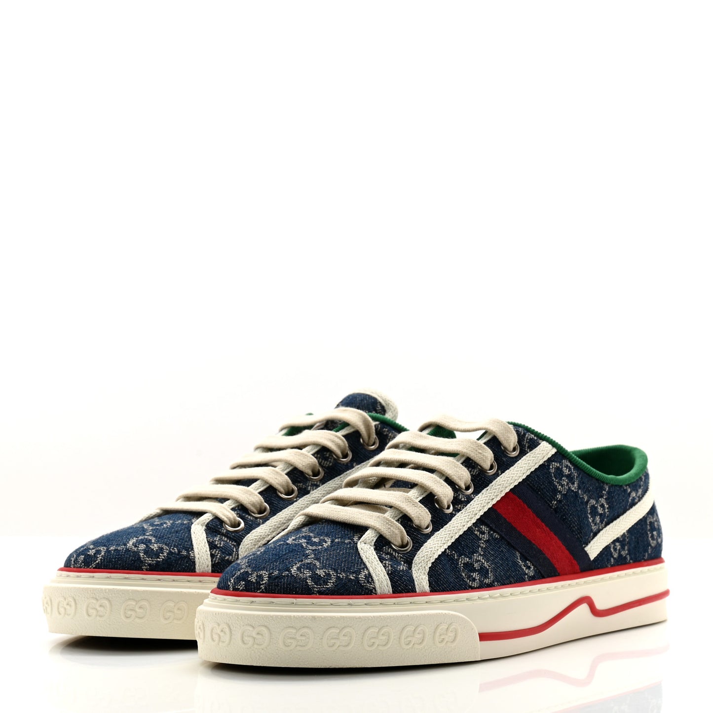New Denim GG Monogram Web Womens 1977 Tennis Sneakers 38.5 Blue Tea Mystic White