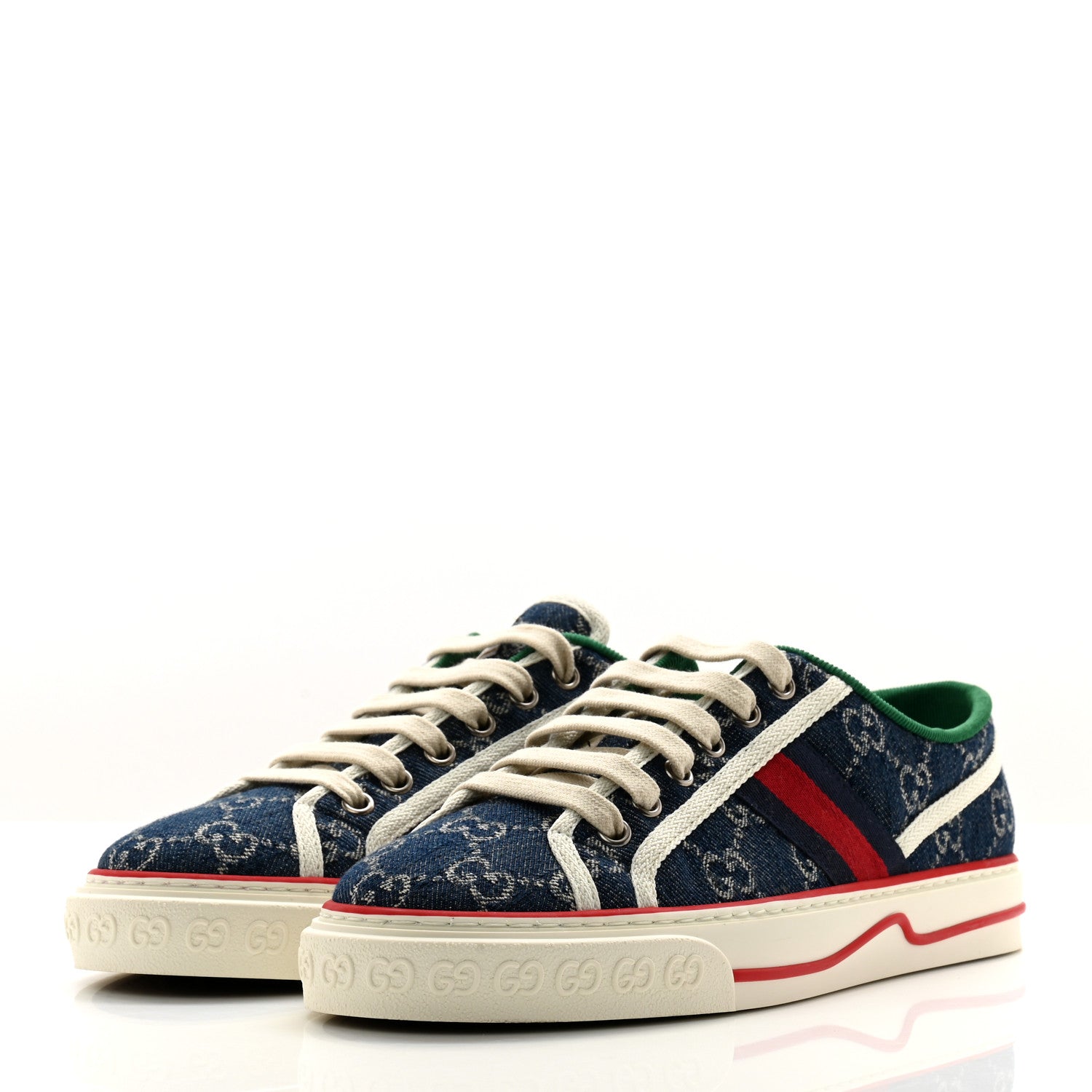 Gucci New Denim GG Monogram Web Womens 1977 Tennis Sneakers 38.5 Blue Tea Mystic White 3 of 9