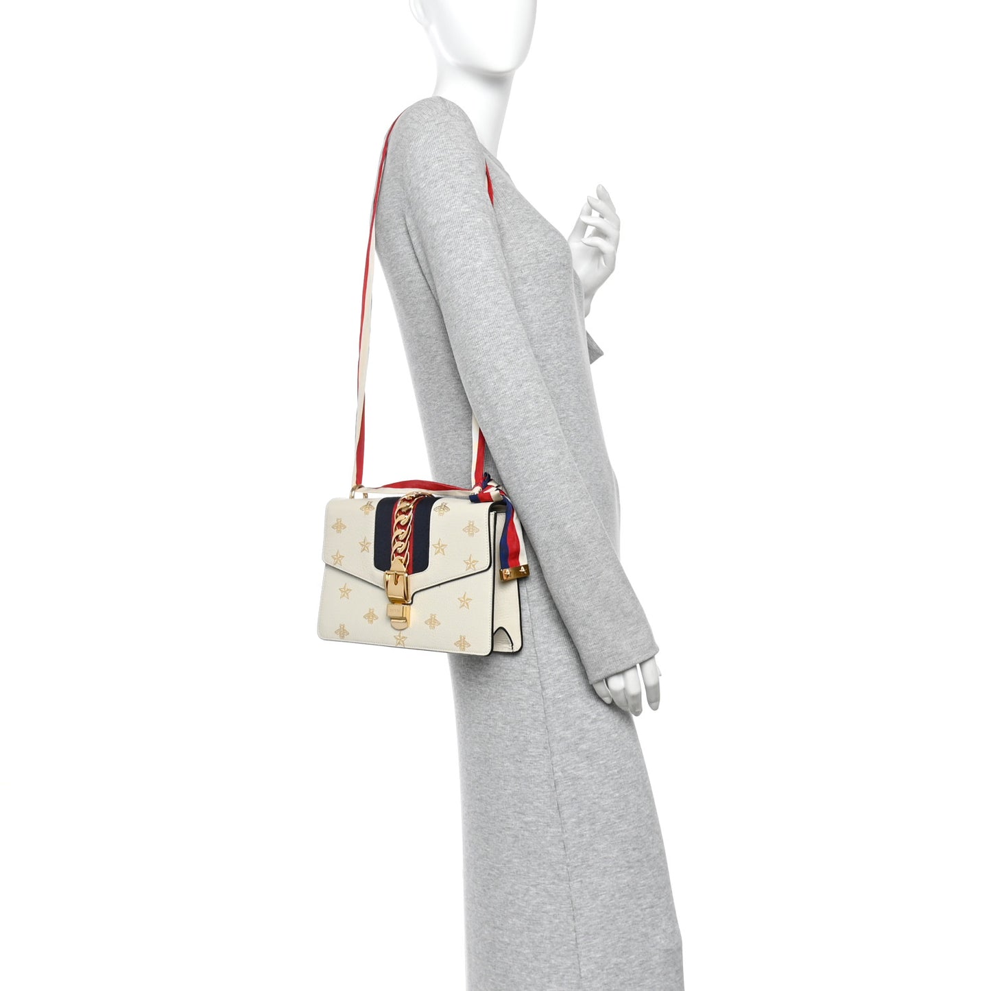 Textured Calfskin Bee Star Print Small Sylvie Shoulder Bag Mystic White