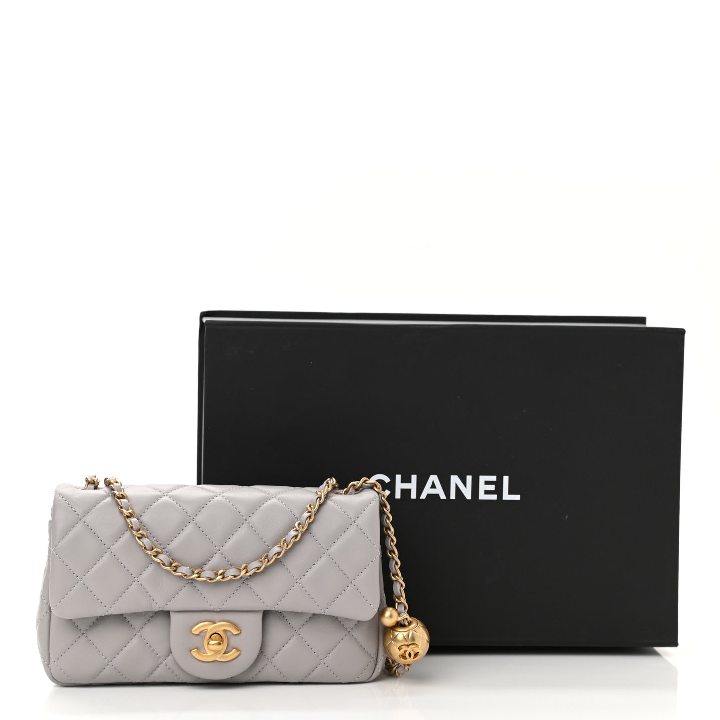 Lambskin Quilted Mini Rectangular Pearl Crush Flap Grey
