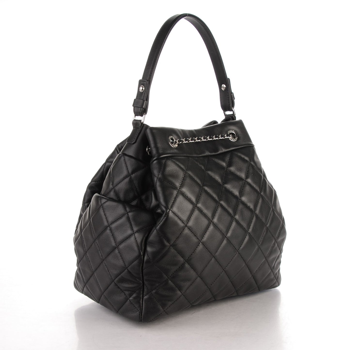 Lambskin Quilted Large Chain Bucket Bag Black