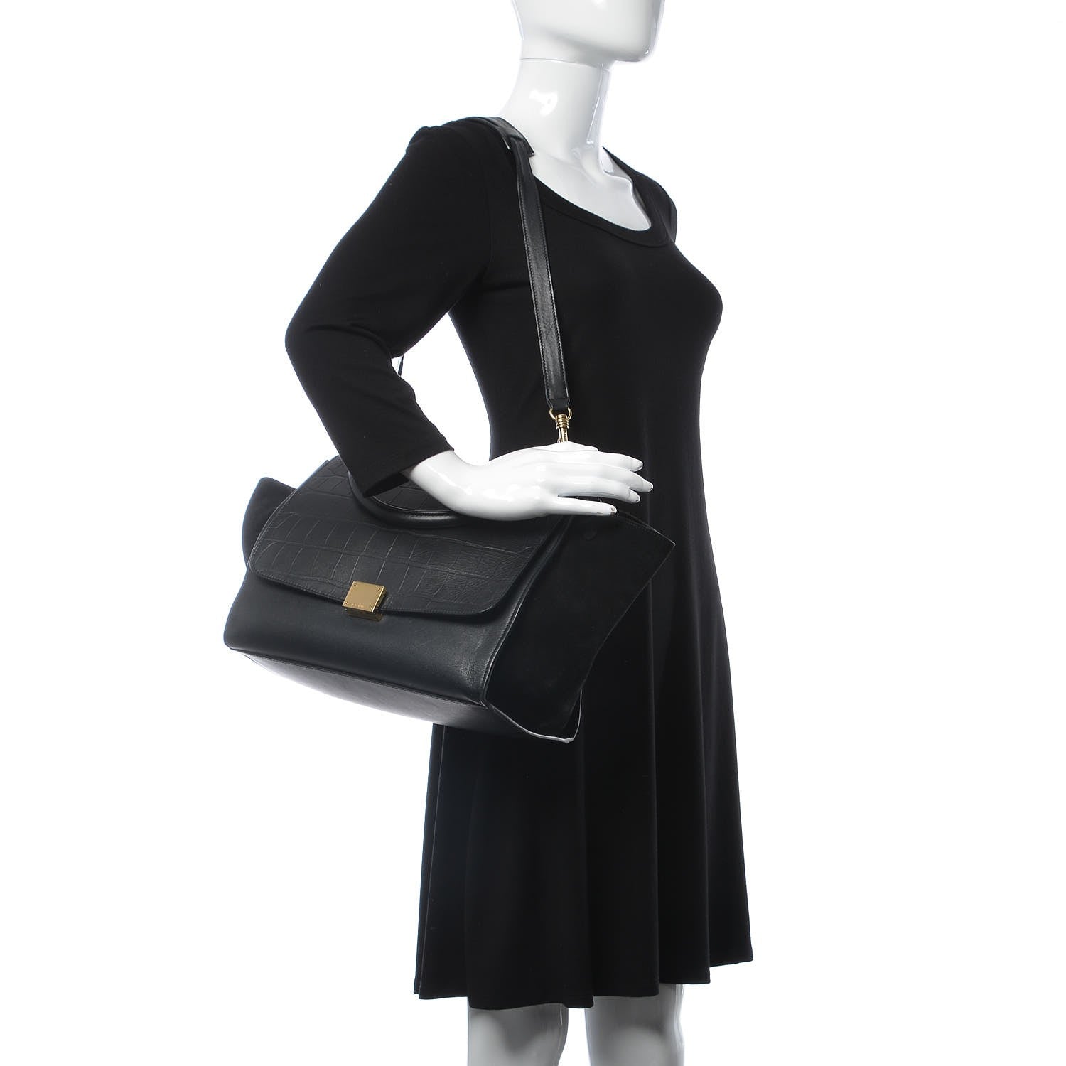 Celine Crocodile Embossed Calfskin Suede Medium Trapeze Black 2 of 23