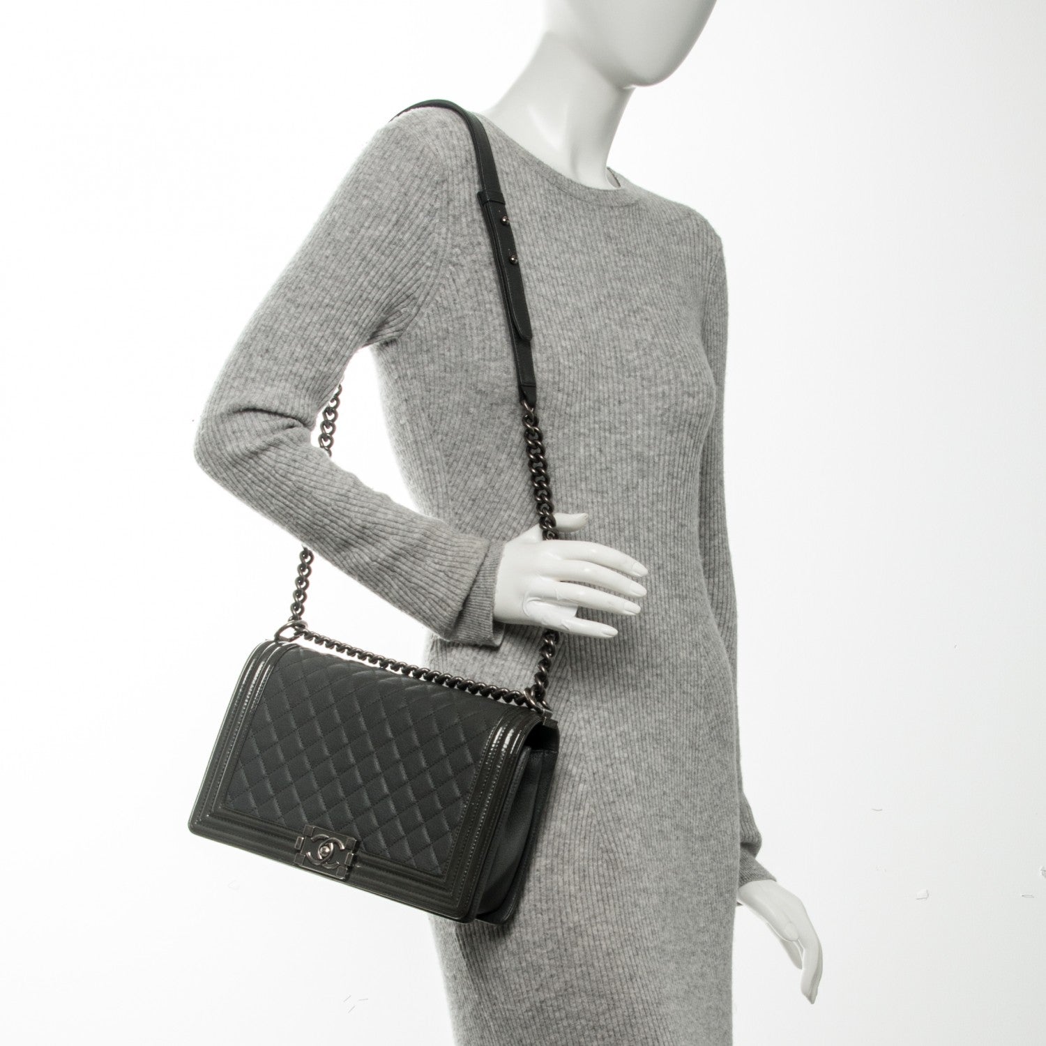 Chanel Goatskin Patent Quilted New Medium Boy Flap Grey 3 of 14