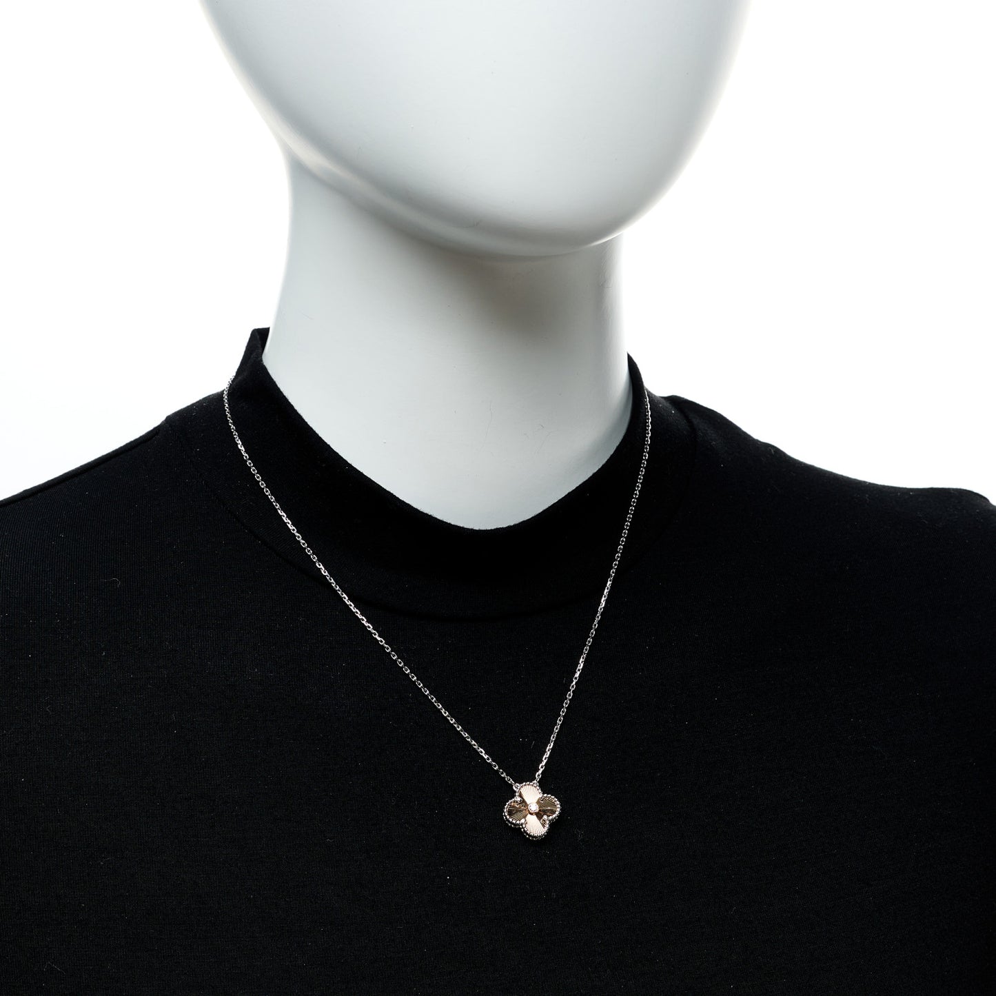 18K White Rose Gold Diamond Guilloche Vintage Alhambra Pendant Necklace