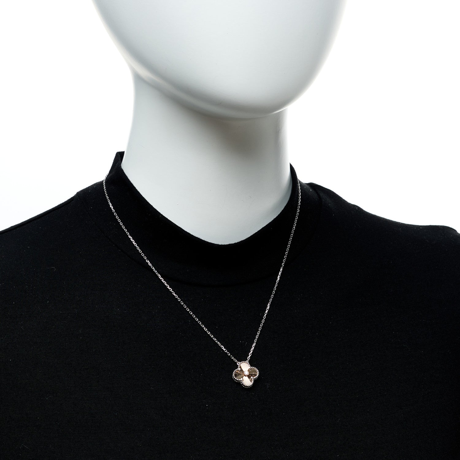Van Cleef & Arpels 18K White Rose Gold Diamond Guilloche Vintage Alhambra Pendant Necklace 2 of 6