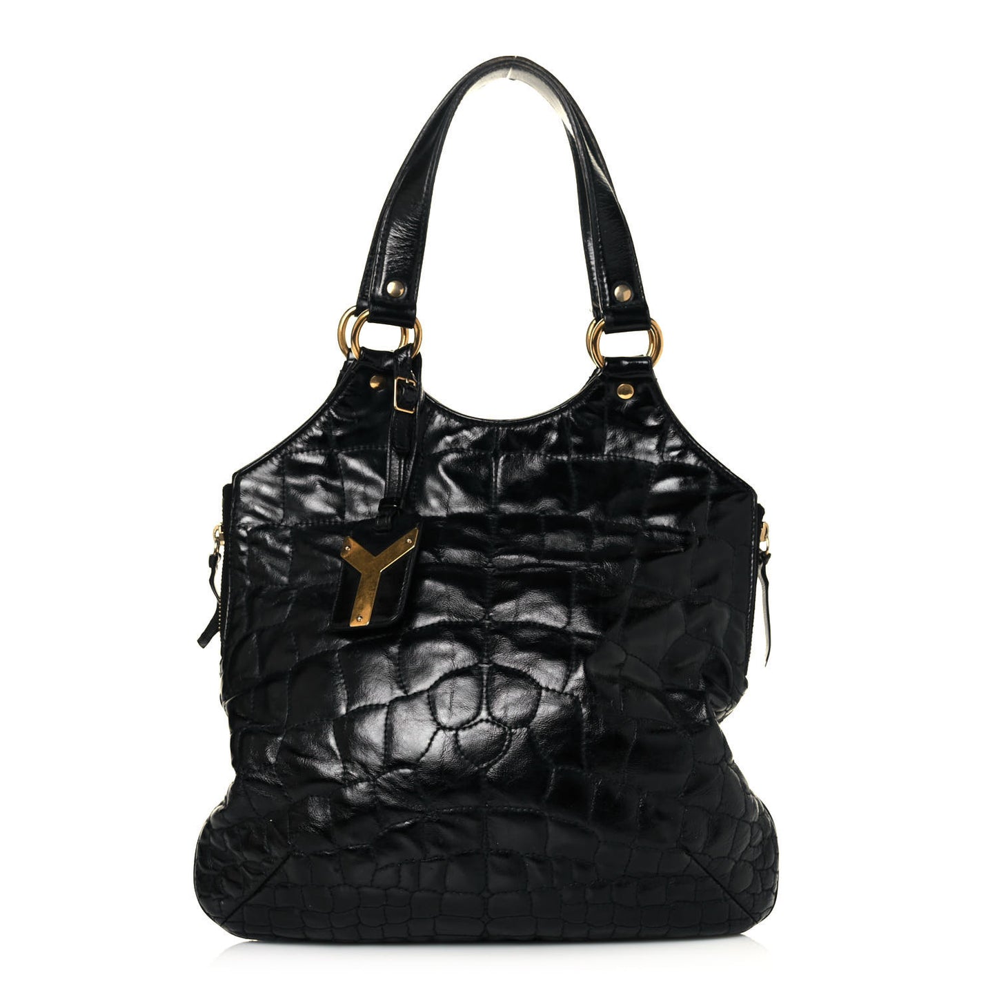 Glazed Calfskin Crocodile Embossed Tribute Tote Black