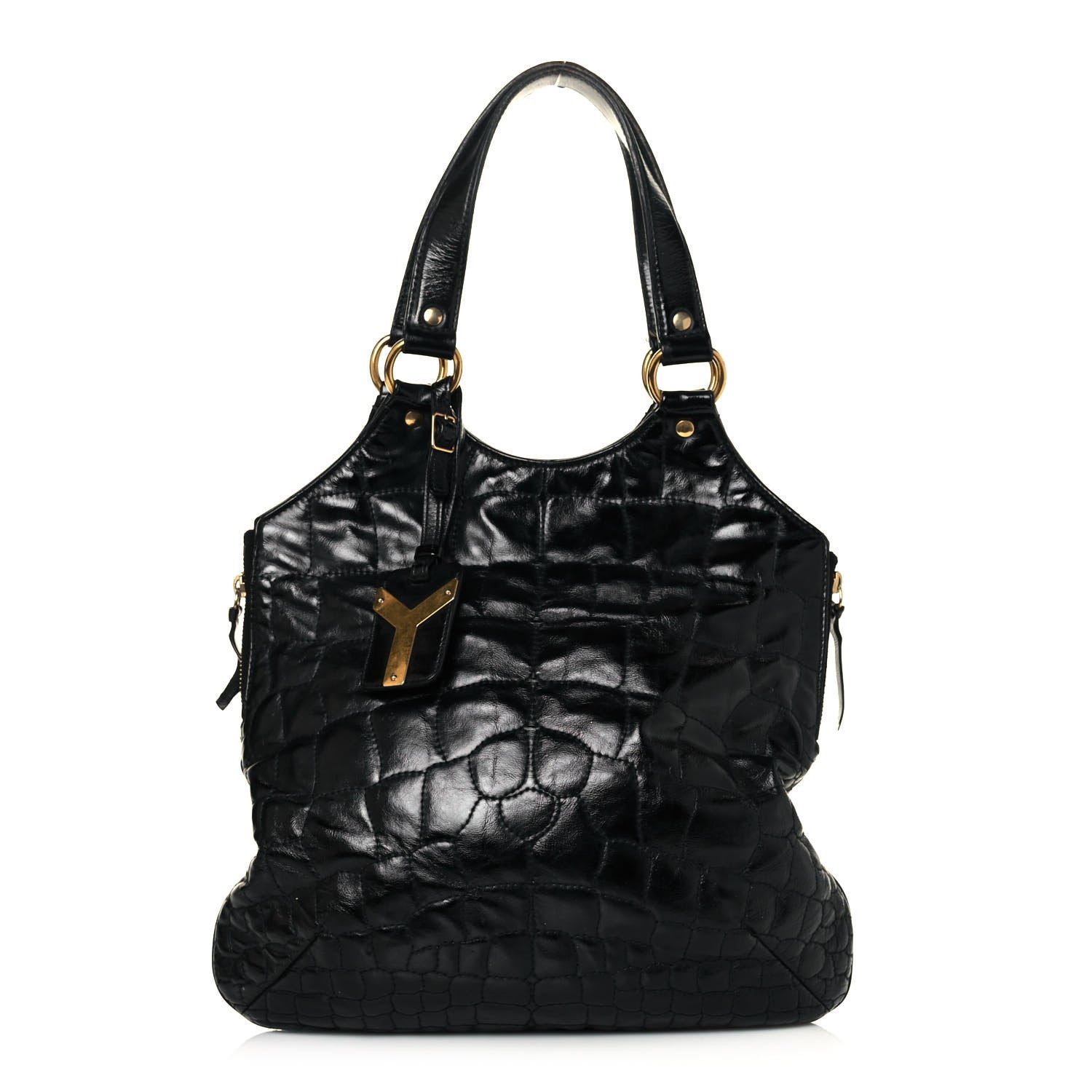 Saint Laurent Glazed Calfskin Crocodile Embossed Tribute Tote Black 1 of 11