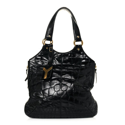 Saint Laurent Glazed Calfskin Crocodile Embossed Tribute Tote Black 1 of 11