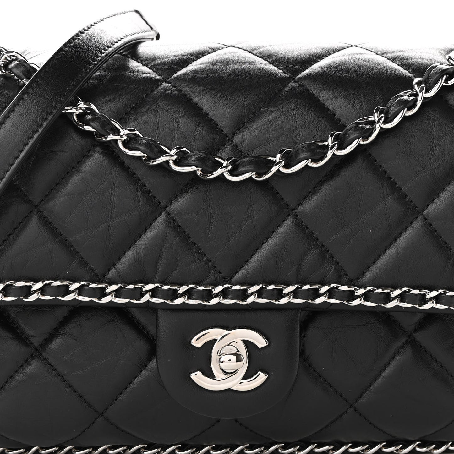 Crumpled Calfskin Medium Chain All Over Flap Black