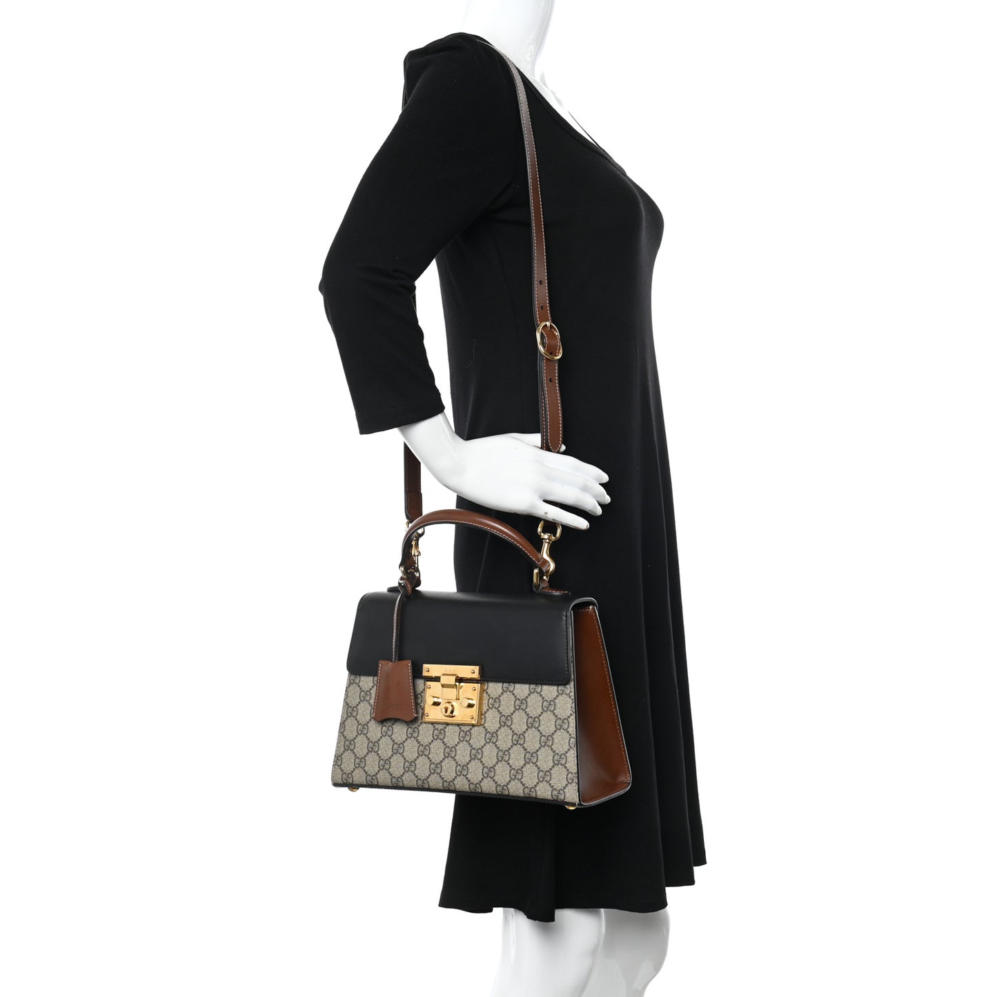 GG Supreme Monogram Calfskin Small Padlock Top Handle Bag Beige Black Cuir