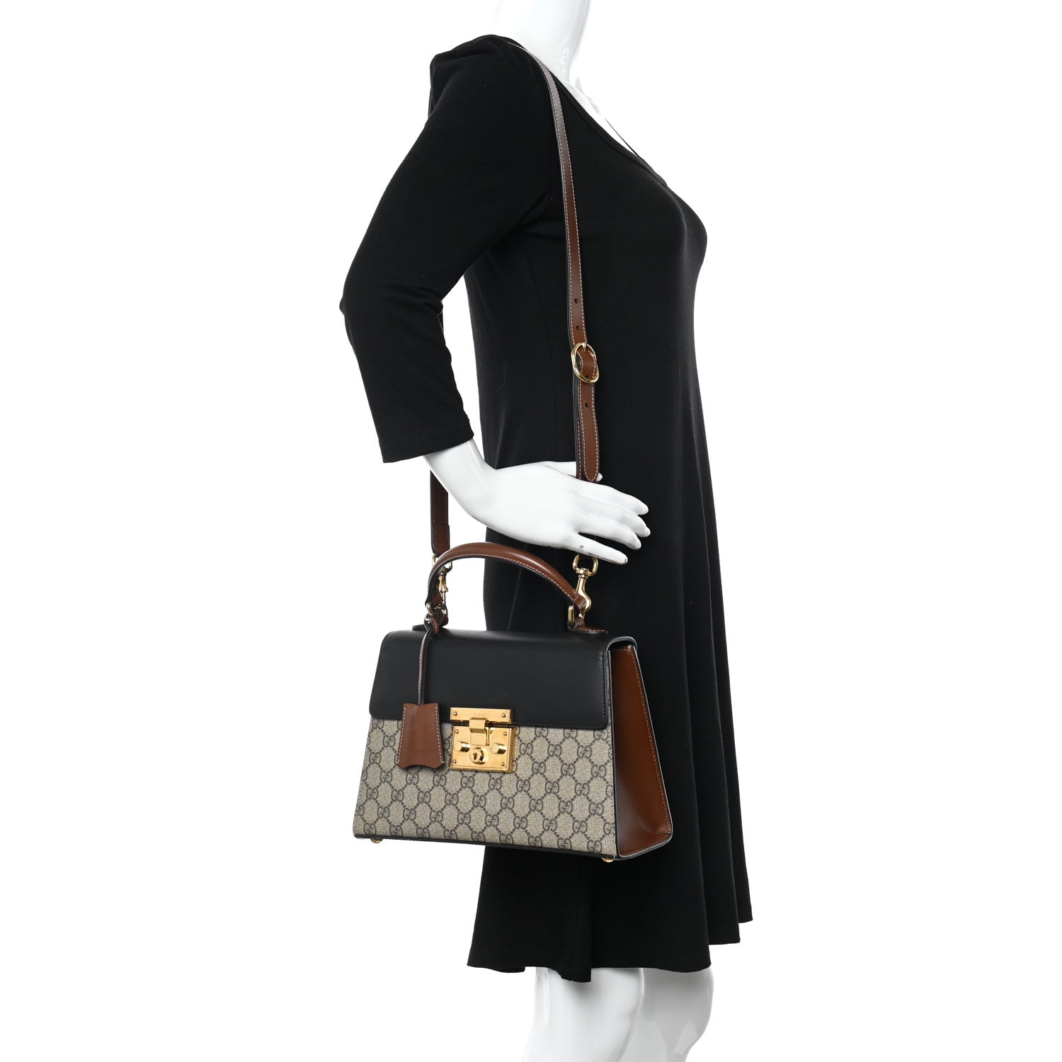 Gucci GG Supreme Monogram Calfskin Small Padlock Top Handle Bag Beige Black Cuir 2 of 11