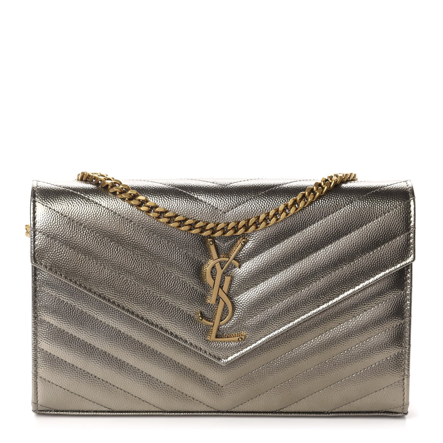 Metallic Grain De Poudre Matelasse Chevron Monogram Chain Wallet Piombo