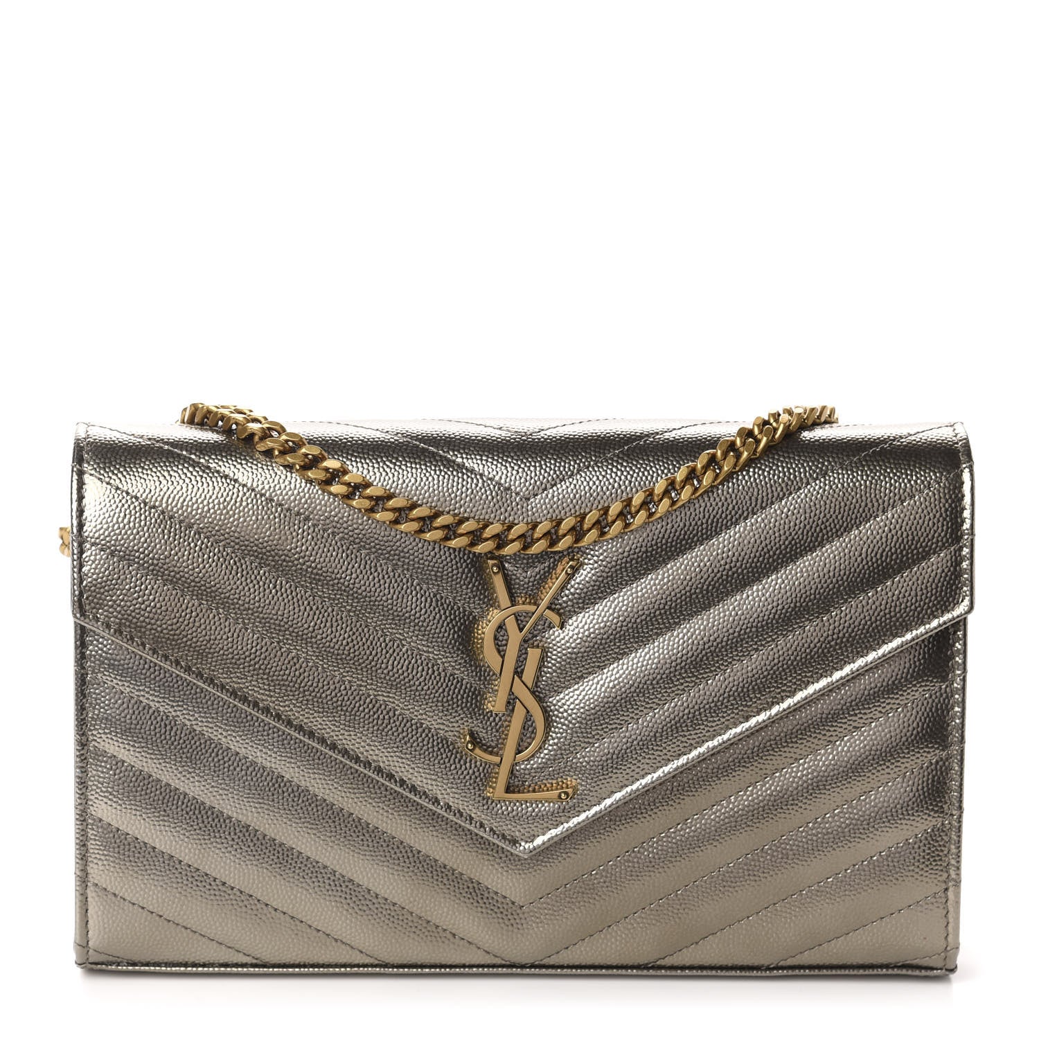 Saint Laurent Metallic Grain De Poudre Matelasse Chevron Monogram Chain Wallet Piombo 1 of 12
