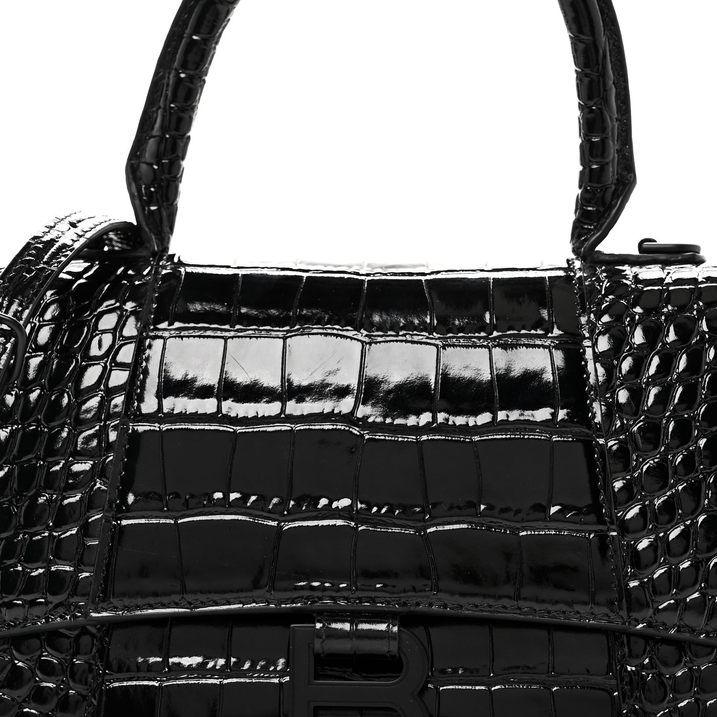 Shiny Calfskin Monochrome Crocodile Embossed Small Hourglass Top Handle Bag Black